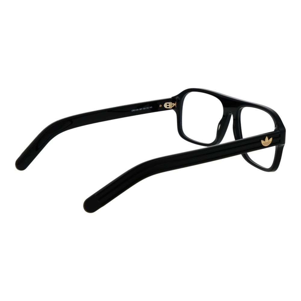Adidas black plastic eyeglass frames with a sleek, modern design, showcasing the lightweight and durable construction.