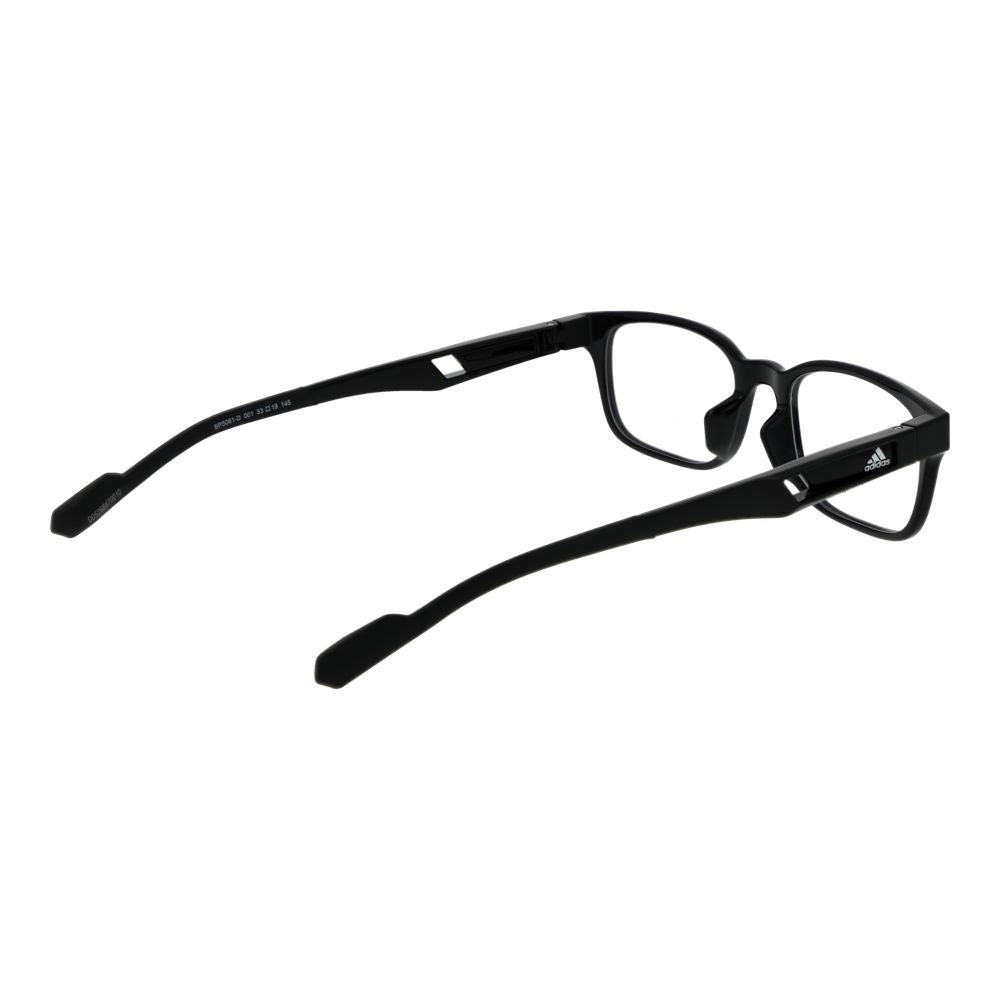 Adidas black plastic eyeglass frames with sleek design and clear lenses, showcasing modern eyewear style.