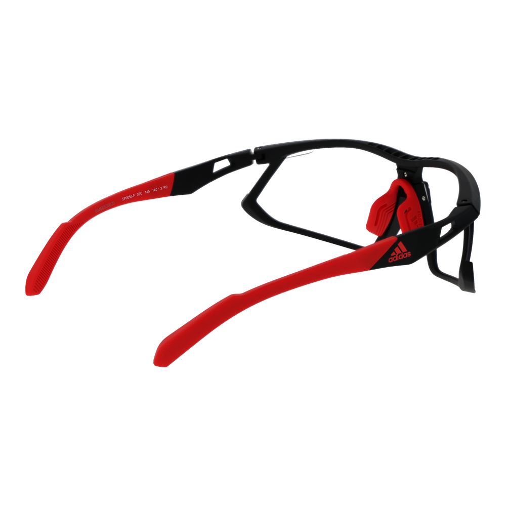 Black Adidas plastic sunglasses with dark lenses and sleek frame, ideal for casual and outdoor wear.