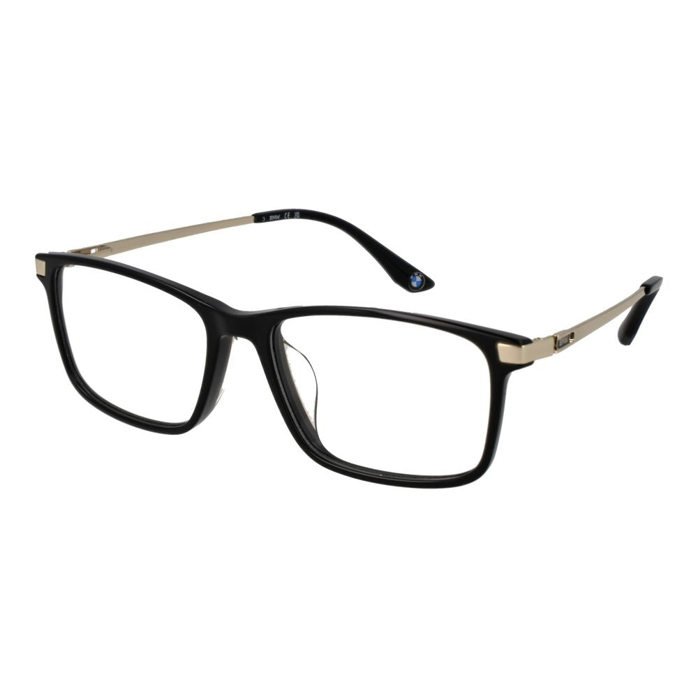 Black BMW plastic glasses frames with sleek design and logo detail, suitable for stylish eyewear.