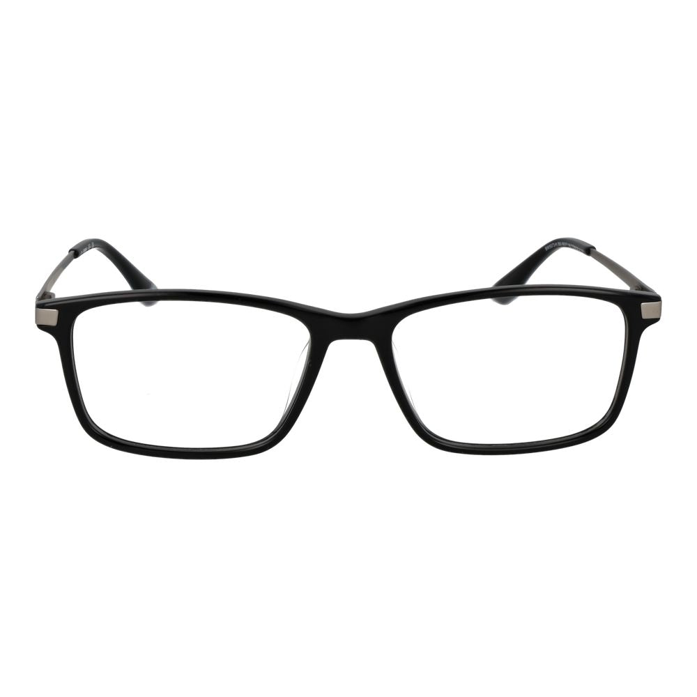 BMW black metal glasses frames with sleek, minimalist design and clear lenses, showcasing modern eyewear style.