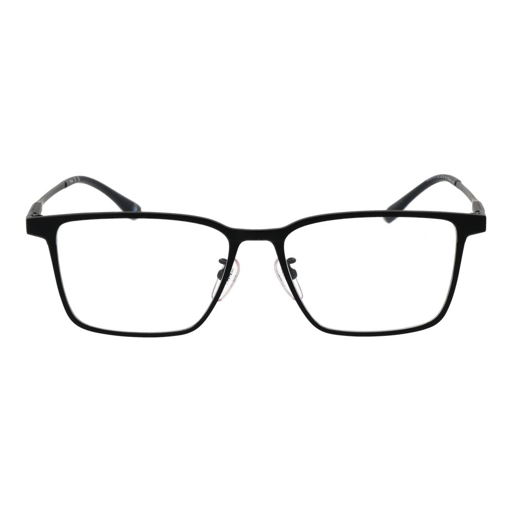 BMW black titanium glasses frames with sleek design, lightweight metal construction, and clear lenses.