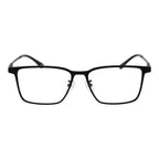 BMW black titanium glasses frames with sleek design, lightweight metal construction, and clear lenses.