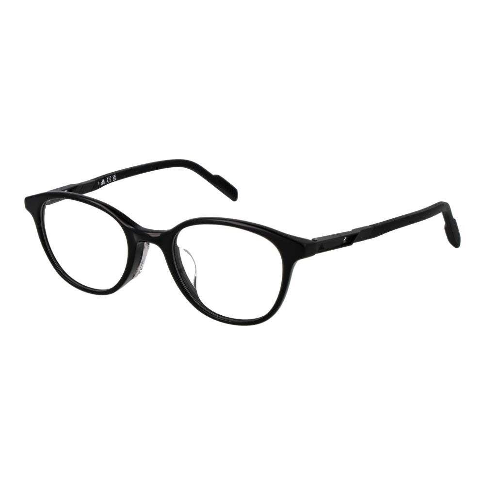 Black plastic Adidas glasses frames with rectangular design, featuring the Adidas logo on the temples and clear lenses.