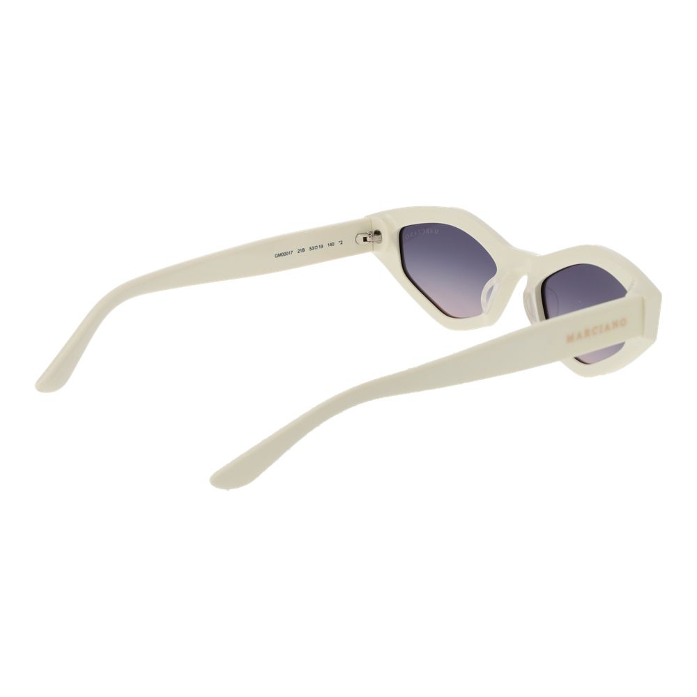 Marciano by Guess white plastic sunglasses with round frames and dark tinted lenses on a plain background.