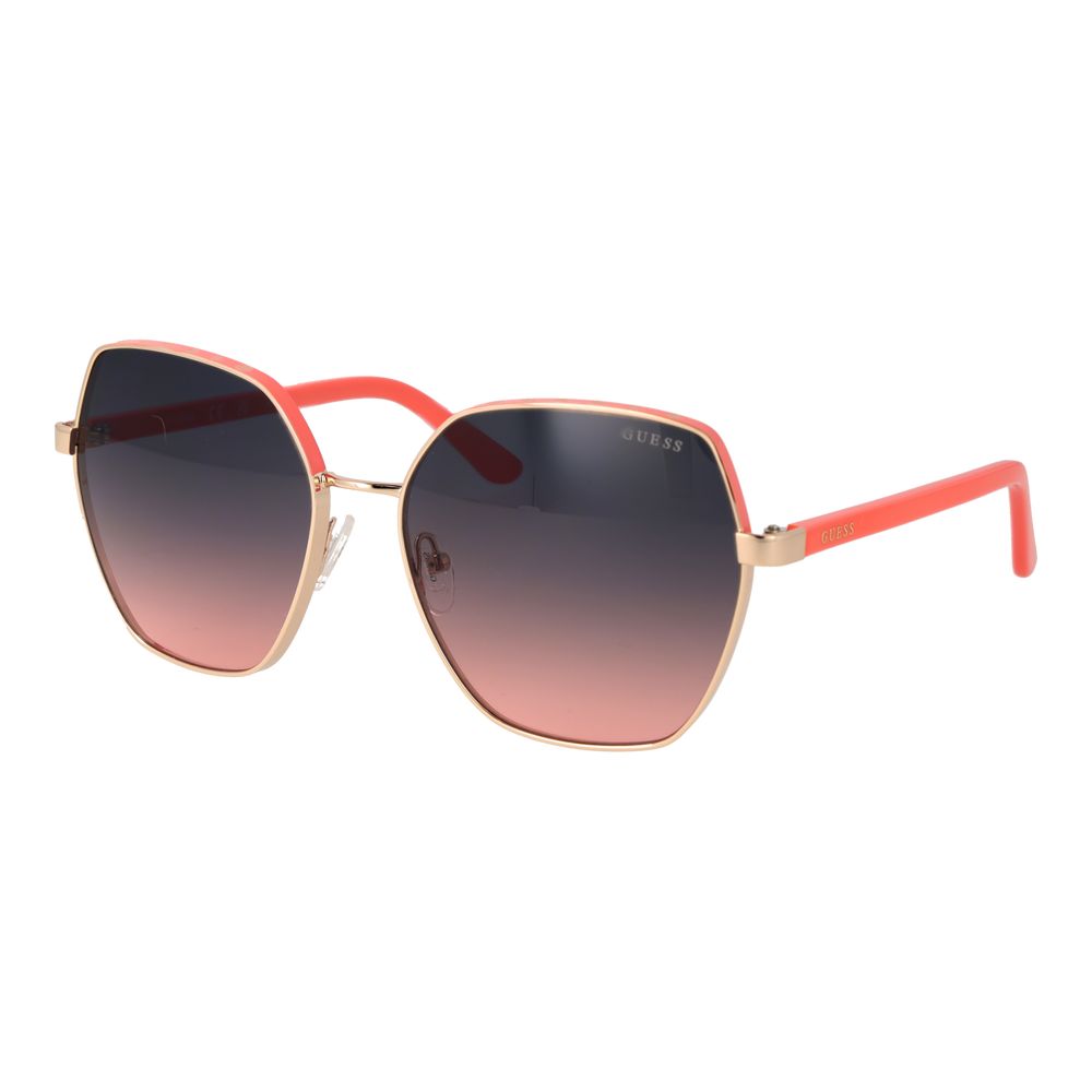 Guess gold metal sunglasses with rounded frames and dark tinted lenses, stylish and fashionable accessory for sun protection.
