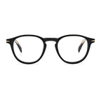 David Beckham black acetate glasses frames shown on a model, featuring sleek, modern design and clear lens for stylish eyewear.