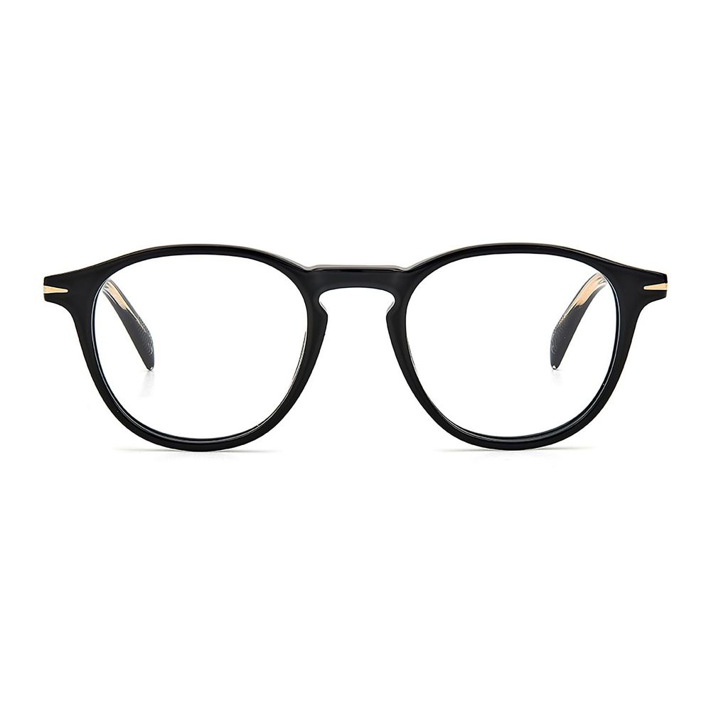 David Beckham black acetate glasses frames shown on a model, featuring sleek, modern design and clear lens for stylish eyewear.