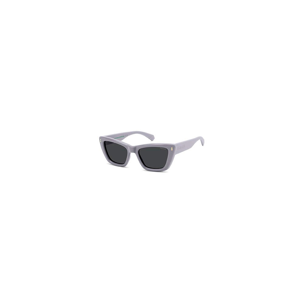 Polaroid purple polycarbonate sunglasses with round frames and tinted lenses, stylish and lightweight eyewear.
