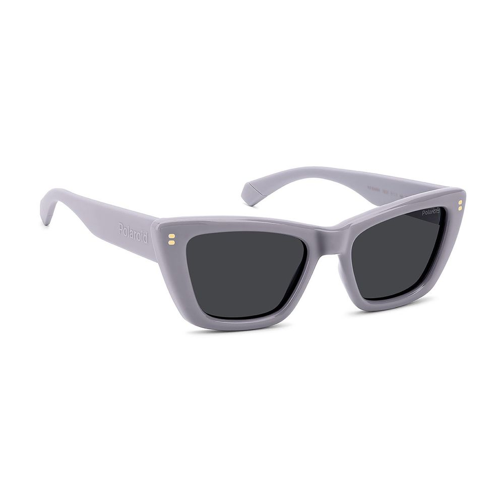 Polaroid purple polycarbonate sunglasses with round lenses and thick frame, stylish eyewear for sun protection.