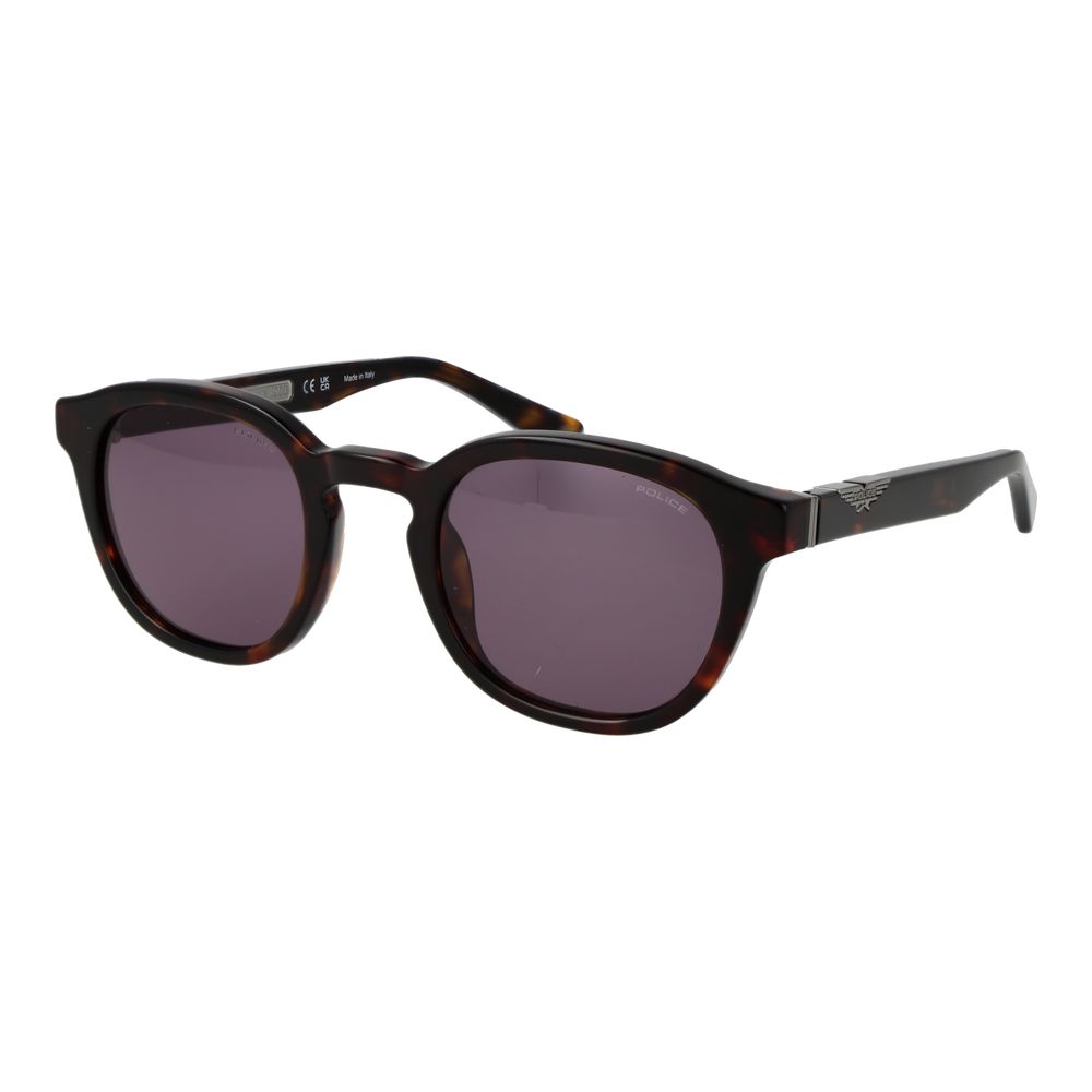 Police brown cellulose acetate sunglasses with rounded frames and dark tinted lenses, stylish and lightweight for everyday wear.