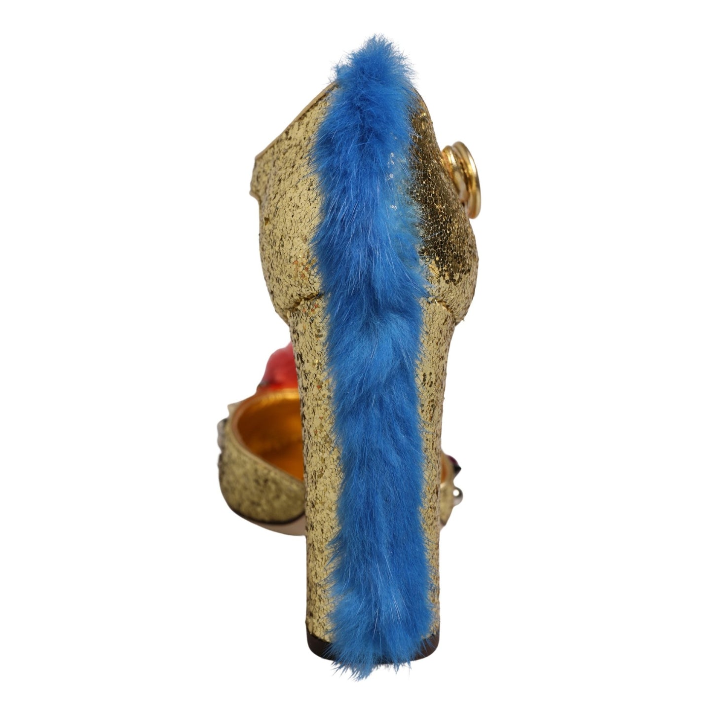 Dolce & Gabbana Gold Fur Trim Glitter T-strap Sandals Shoes
