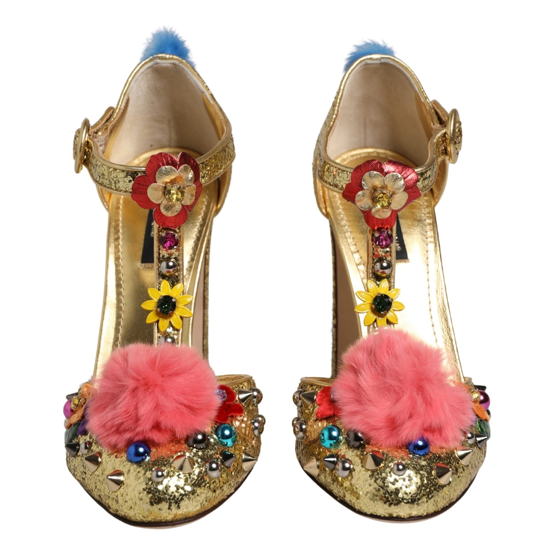 Dolce & Gabbana Gold Fur Trim Glitter T-strap Sandals Shoes
