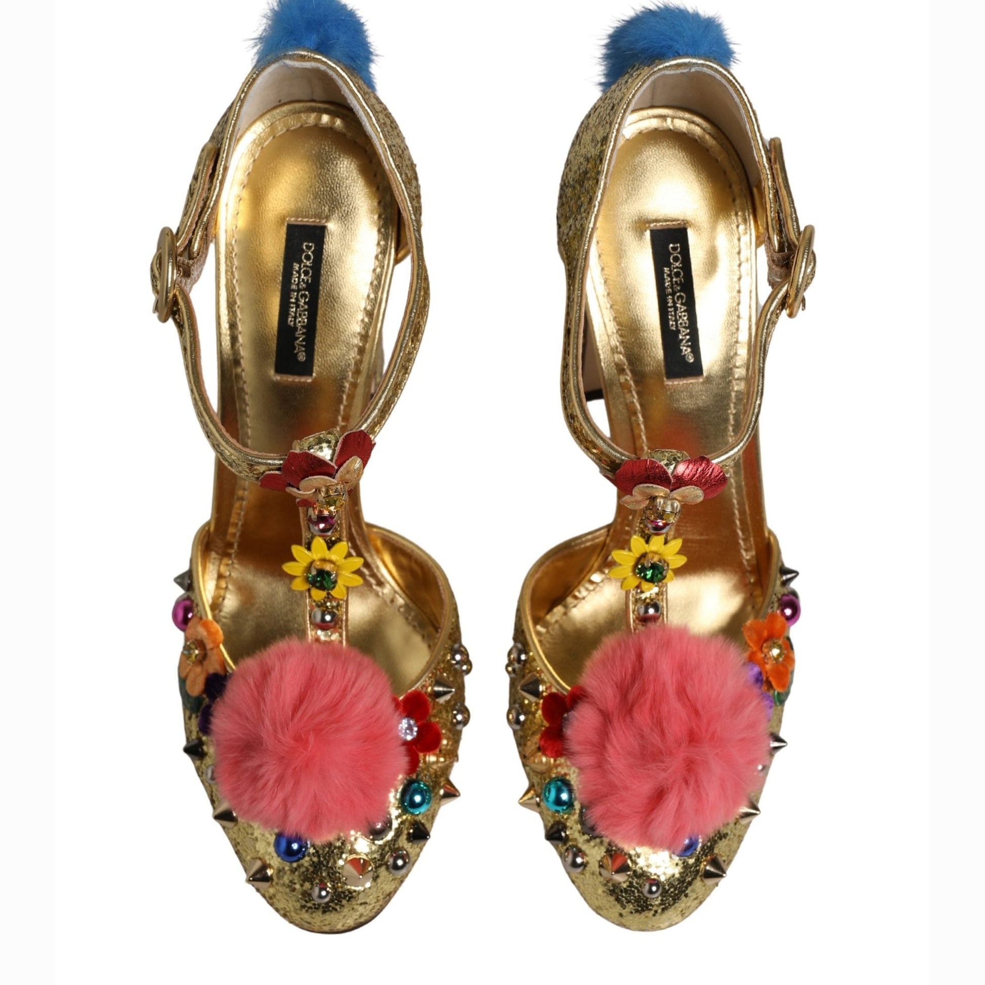 Dolce & Gabbana Gold Fur Trim Glitter T-strap Sandals Shoes