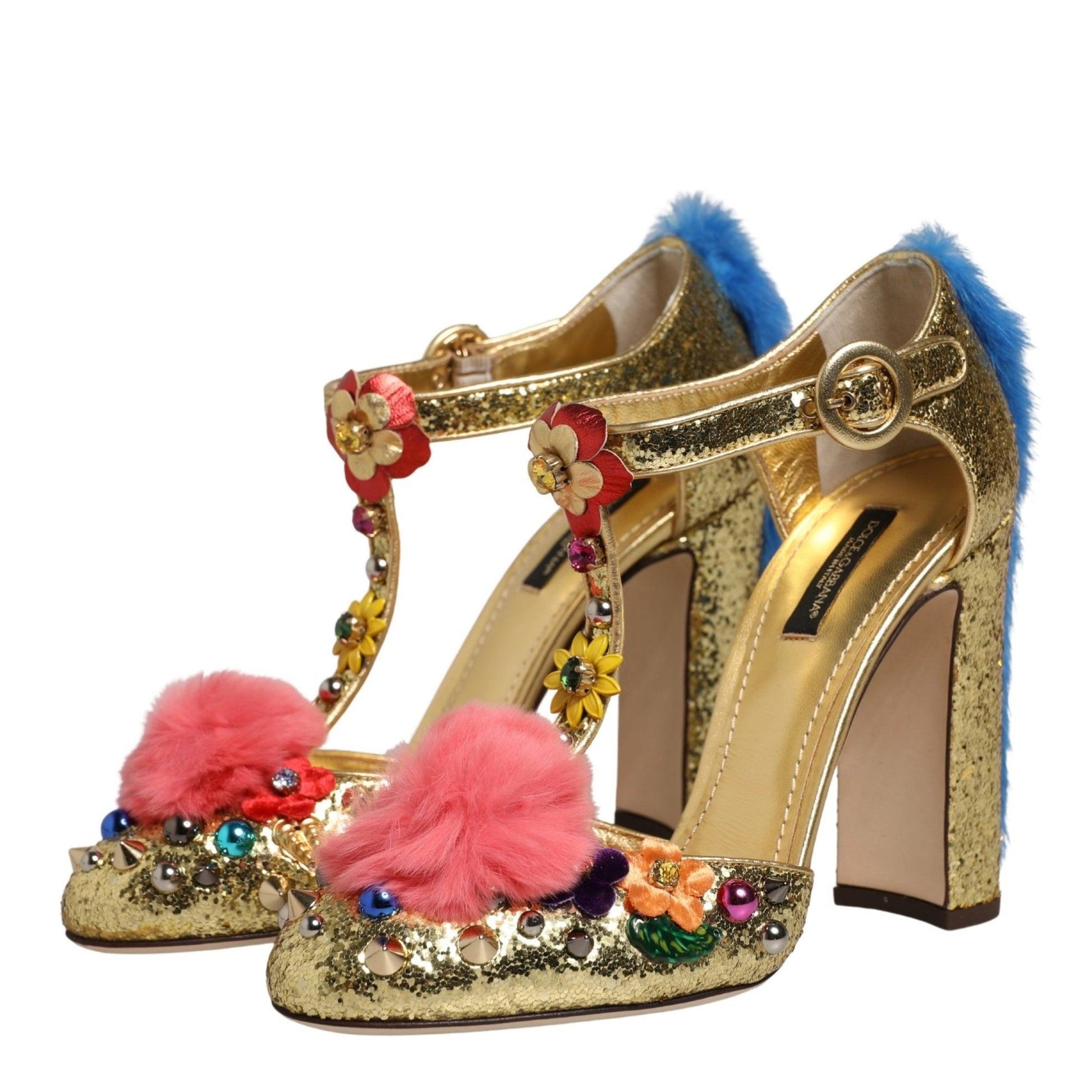 Dolce & Gabbana Gold Fur Trim Glitter T-strap Sandals Shoes