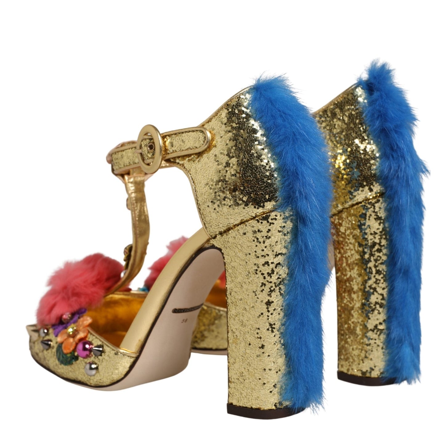 Dolce & Gabbana Gold Fur Trim Glitter T-strap Sandals Shoes