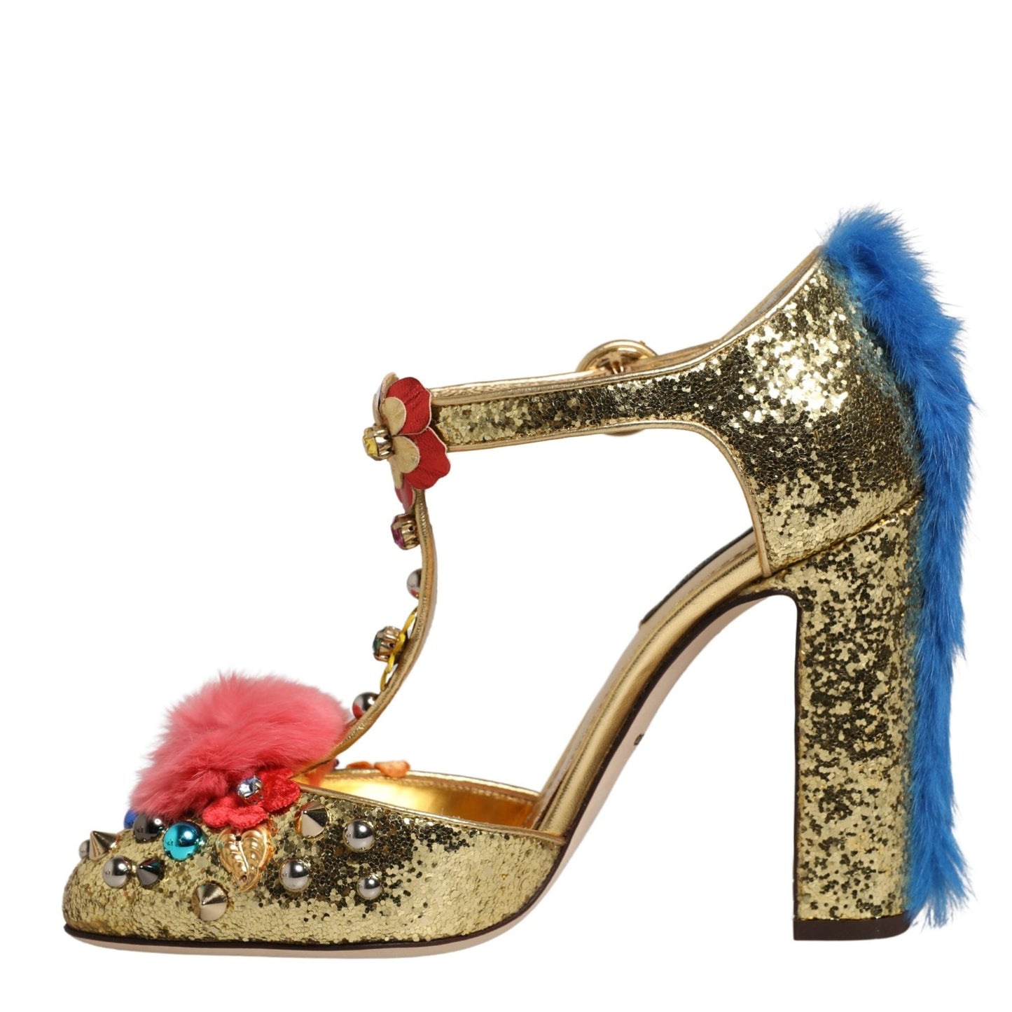 Dolce & Gabbana Gold Fur Trim Glitter T-strap Sandals Shoes