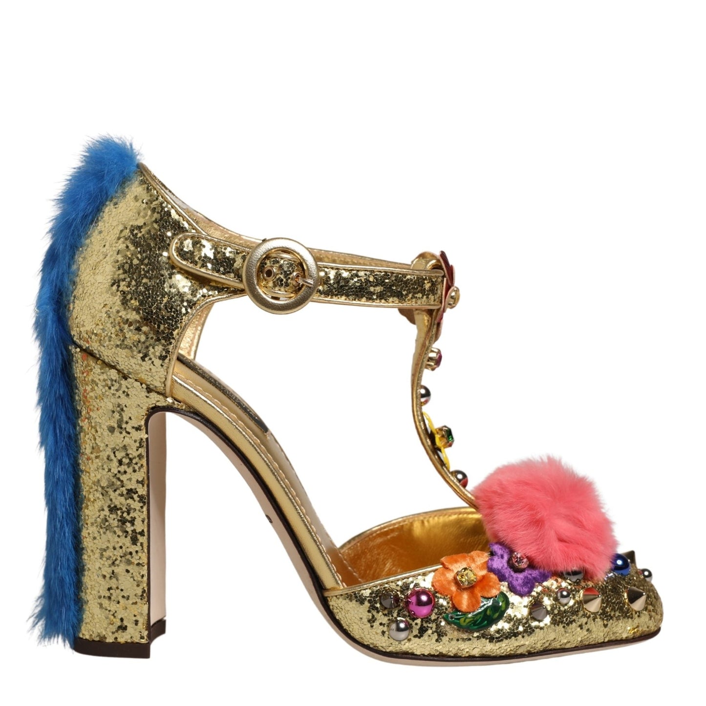Dolce & Gabbana Gold Fur Trim Glitter T-strap Sandals Shoes