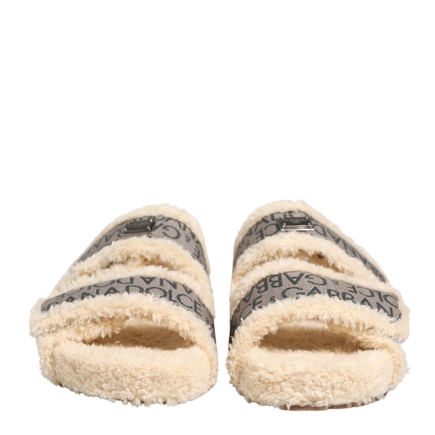 Dolce & Gabbana Beige Faux Fur Logo Print Flats Sandals Shoes
