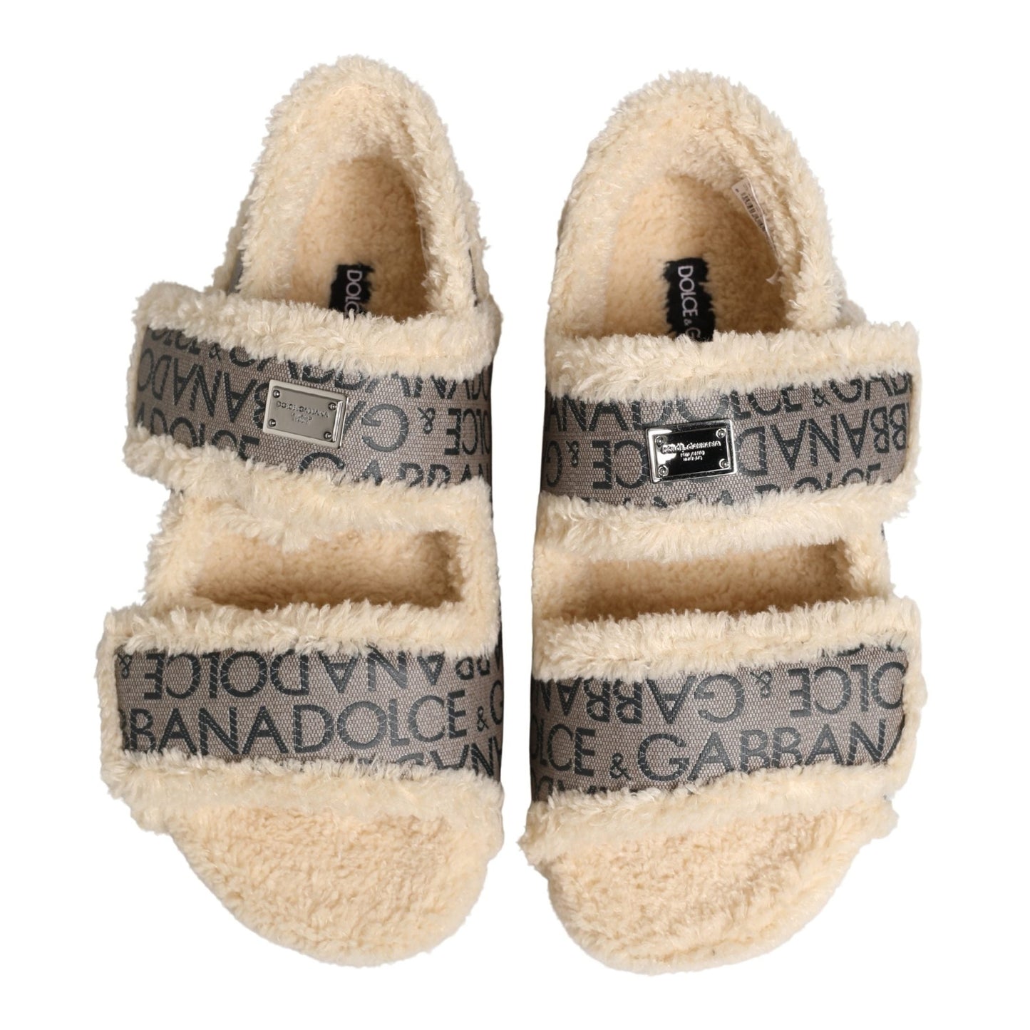 Dolce & Gabbana Beige Faux Fur Logo Print Flats Sandals Shoes
