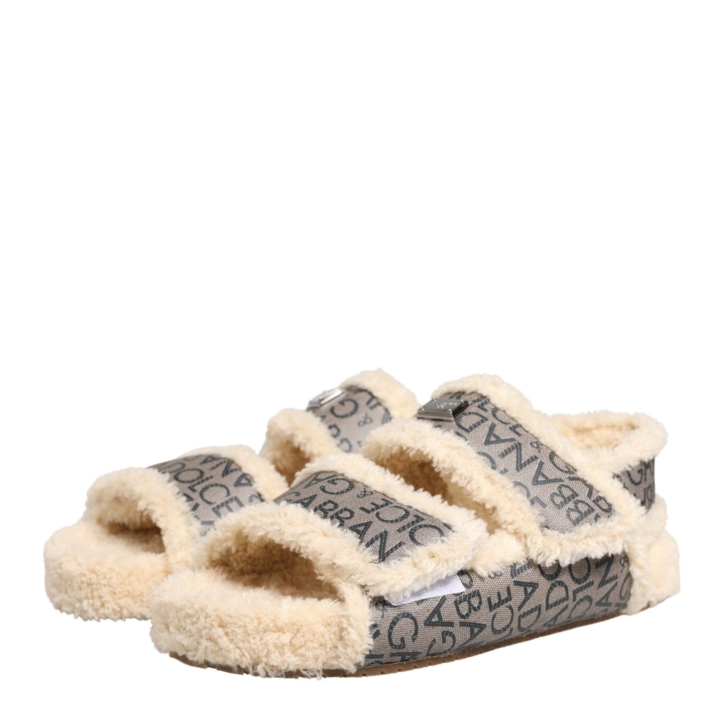 Dolce & Gabbana Beige Faux Fur Logo Print Flats Sandals Shoes
