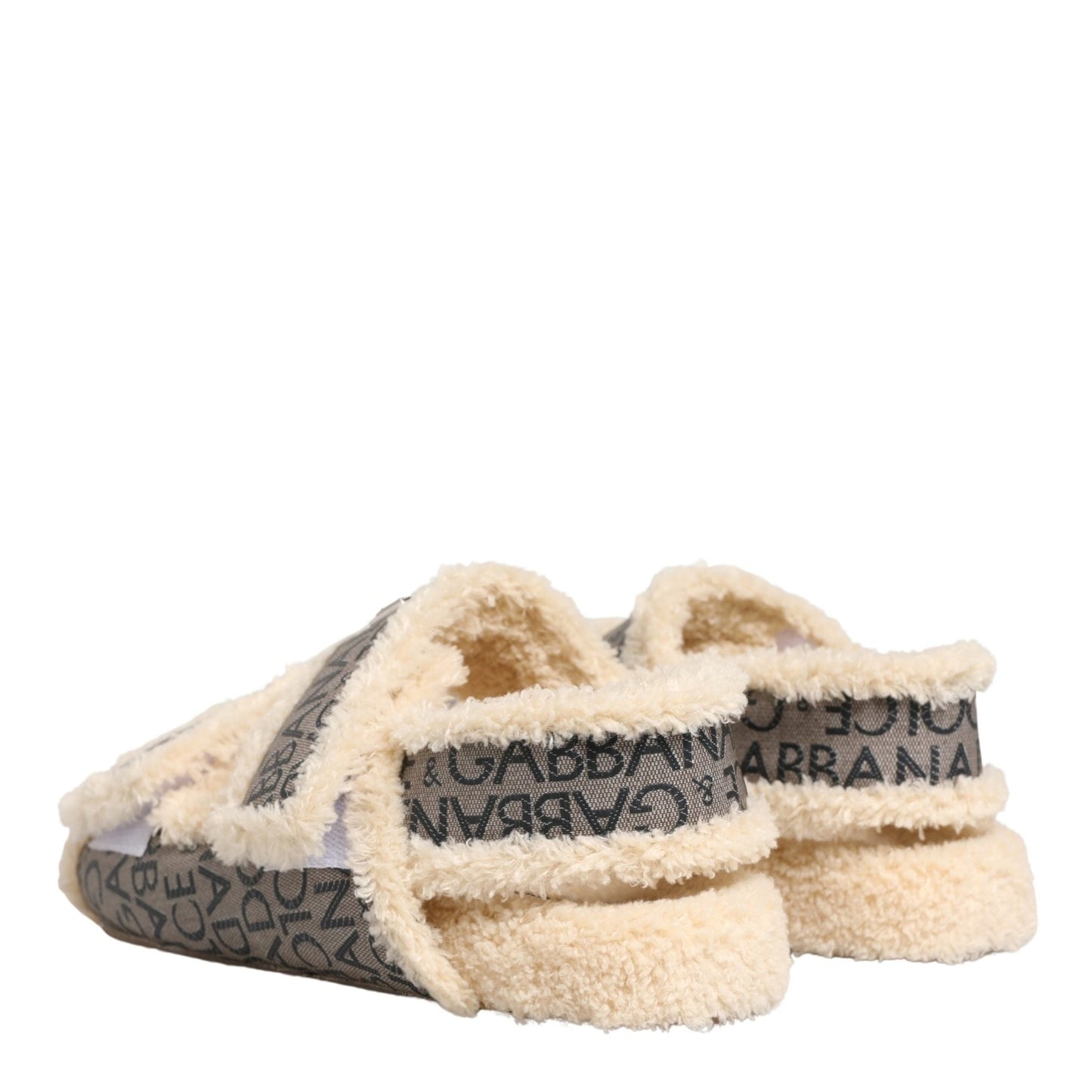 Dolce & Gabbana Beige Faux Fur Logo Print Flats Sandals Shoes