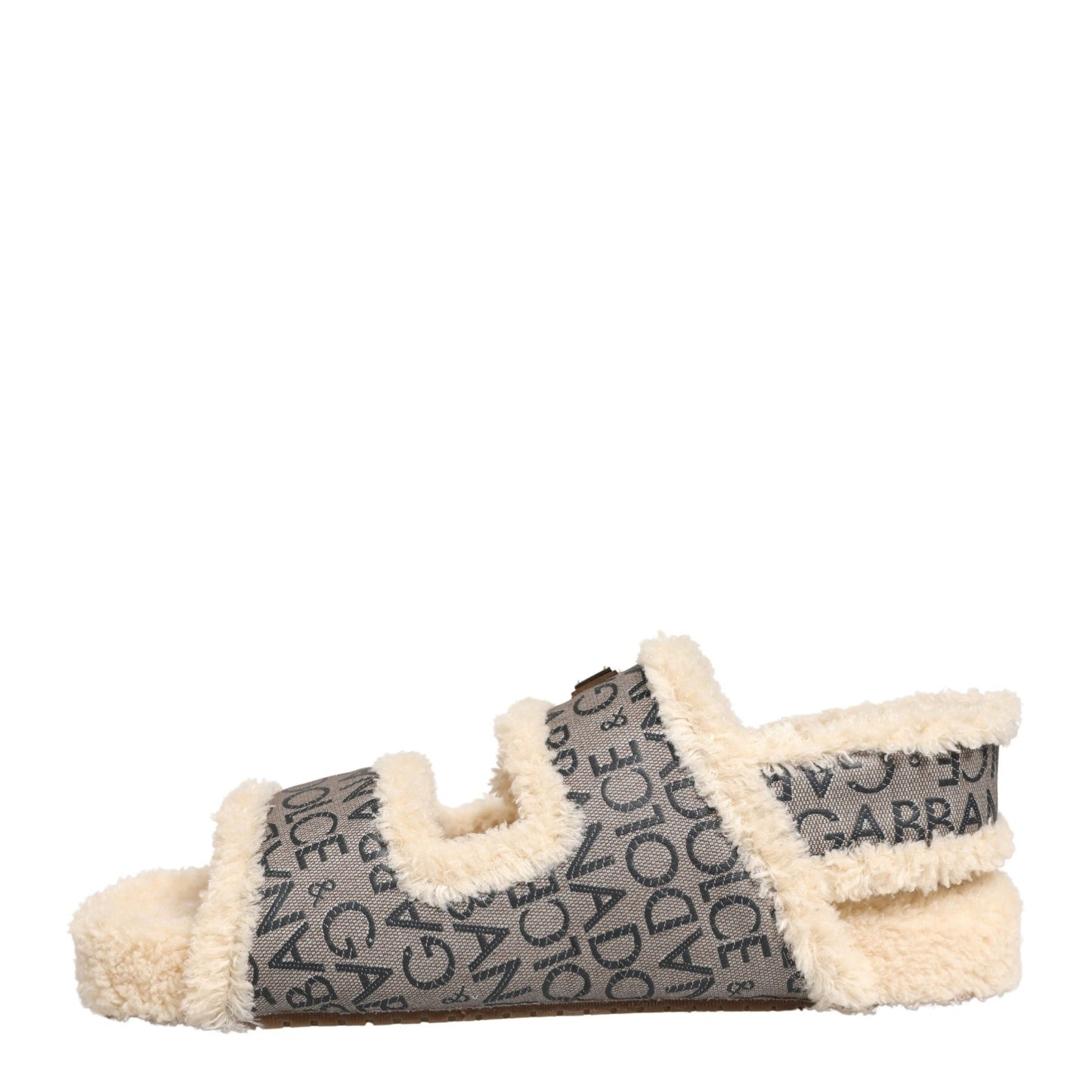 Dolce & Gabbana Beige Faux Fur Logo Print Flats Sandals Shoes