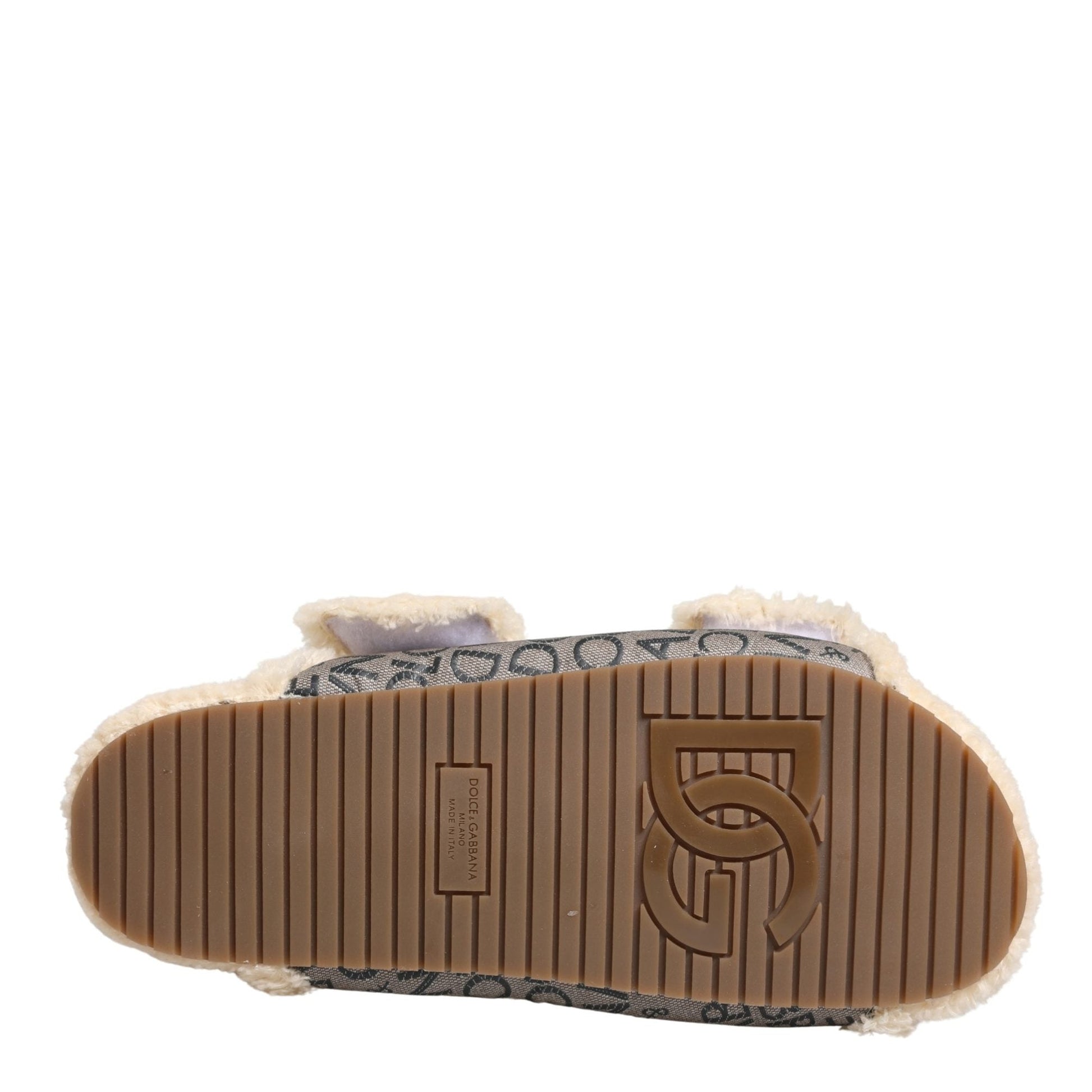 Dolce & Gabbana Beige Faux Fur Logo Print Flats Sandals Shoes