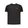 Black cotton men's T-shirt by Calvin Klein displayed flat, showing the classic crew neck and minimalist design.