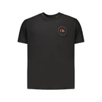 Black cotton men's T-shirt by Calvin Klein displayed flat, showing the classic crew neck and minimalist design.