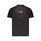 Calvin Klein black cotton men's T-shirt displayed flat, showcasing its simple design and soft fabric texture.