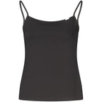 Calvin Klein black cotton women's tank top displayed flat, showing sleeveless design and smooth fabric for casual wear.