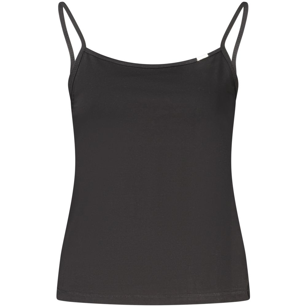 Calvin Klein black cotton women's tank top displayed flat, showing sleeveless design and smooth fabric for casual wear.