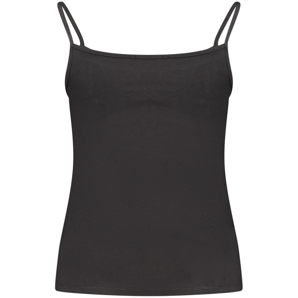 Calvin Klein black cotton women's tank top shown on a model, featuring a sleeveless design and fitted silhouette.