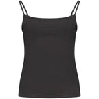 Calvin Klein black cotton women's tank top shown on a model, featuring a sleeveless design and fitted silhouette.