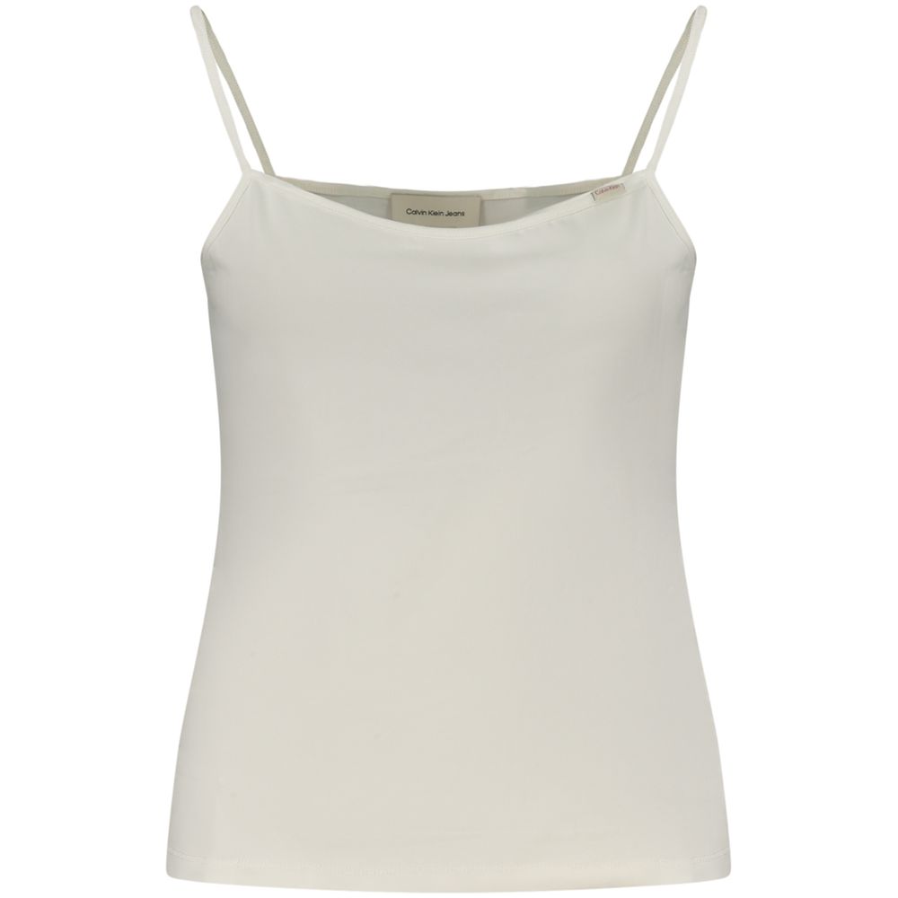 White cotton women's tank top by Calvin Klein, close-up of sleeveless design and soft fabric texture.