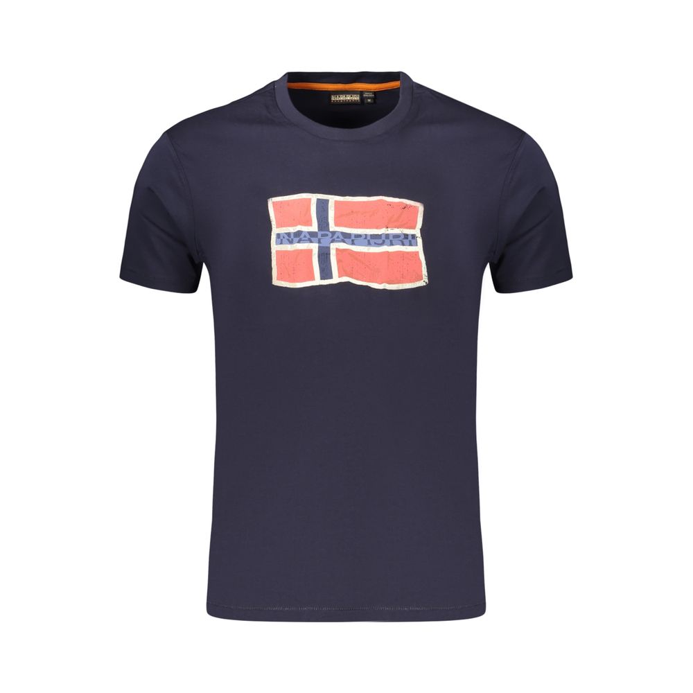 Blue cotton men's T-shirt by Napapijri, featuring a classic fit and short sleeves, displayed on a plain background.