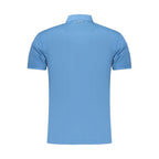 Napapijri men's Azzurro cotton polo shirt with a classic collar and short sleeves, displayed on a hanger.