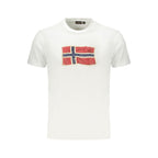 White cotton men's T-shirt by Napapijri with a classic fit and crew neckline, displayed flat on a neutral background.