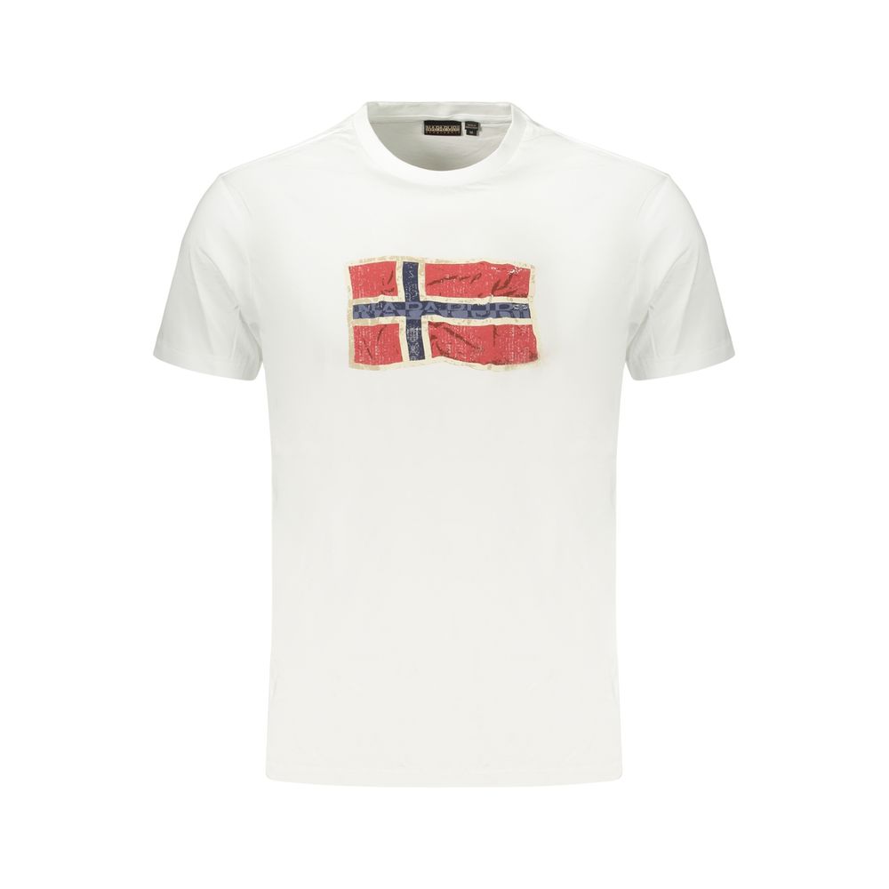 White cotton men's T-shirt by Napapijri with a classic fit and crew neckline, displayed flat on a neutral background.