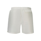 Calvin Klein white polyester men's shorts with a relaxed fit and adjustable waistband, displayed on a plain background.