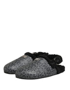 Dolce & Gabbana Gray Faux Fur Jacquard Mules Sandals Shoes