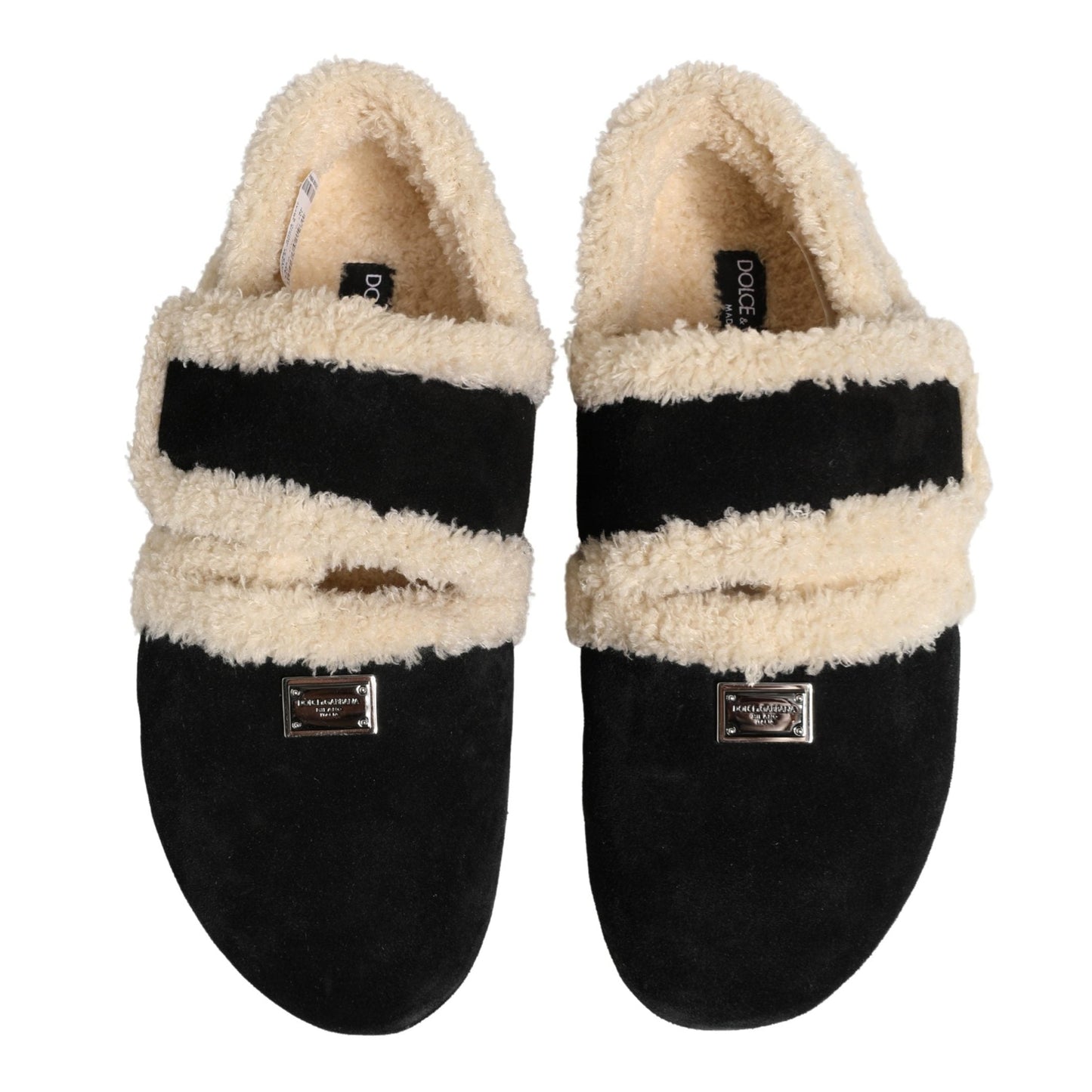 Dolce & Gabbana Beige Black Faux Fur Flats Men Sandals Shoes
