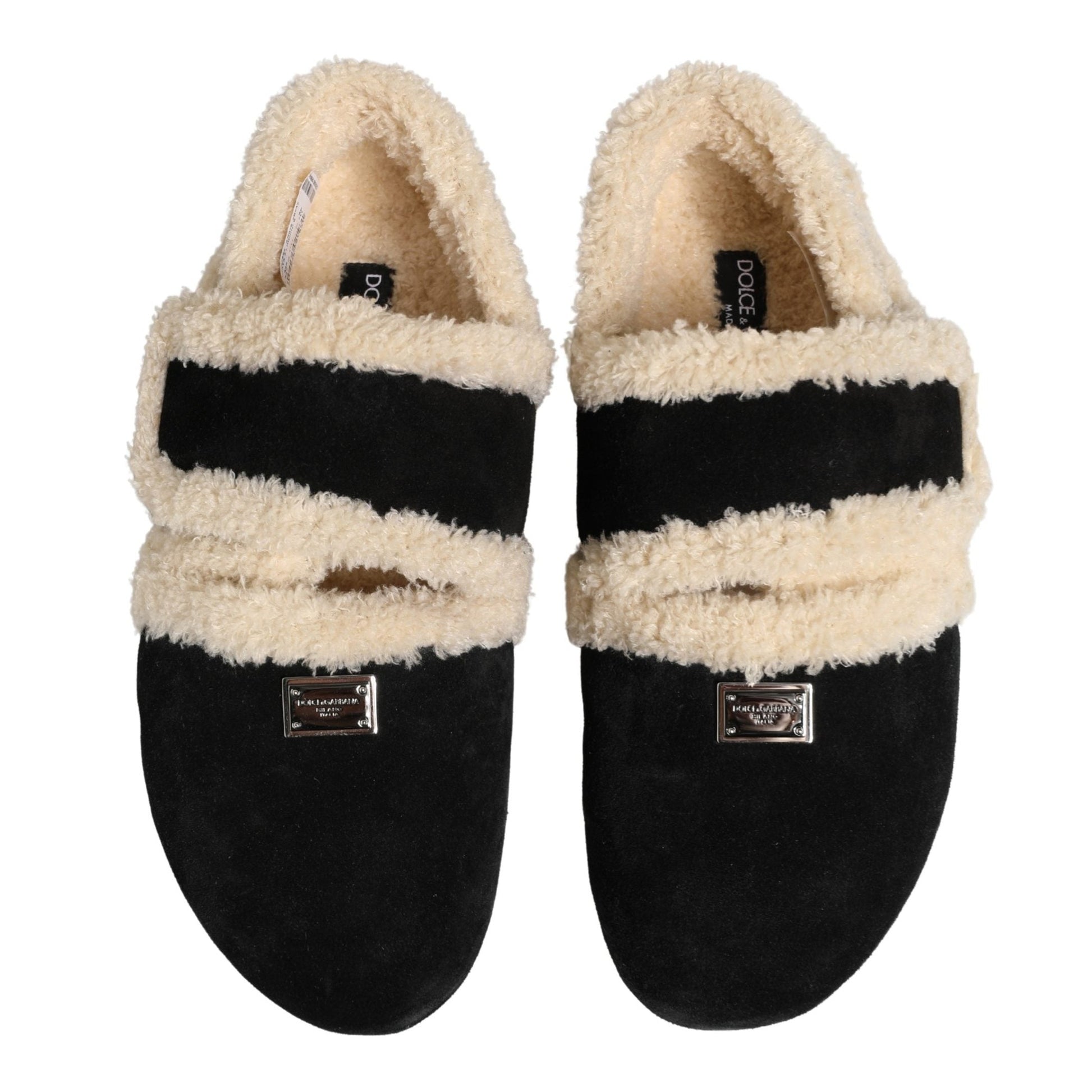 Dolce & Gabbana Beige Black Faux Fur Flats Men Sandals Shoes