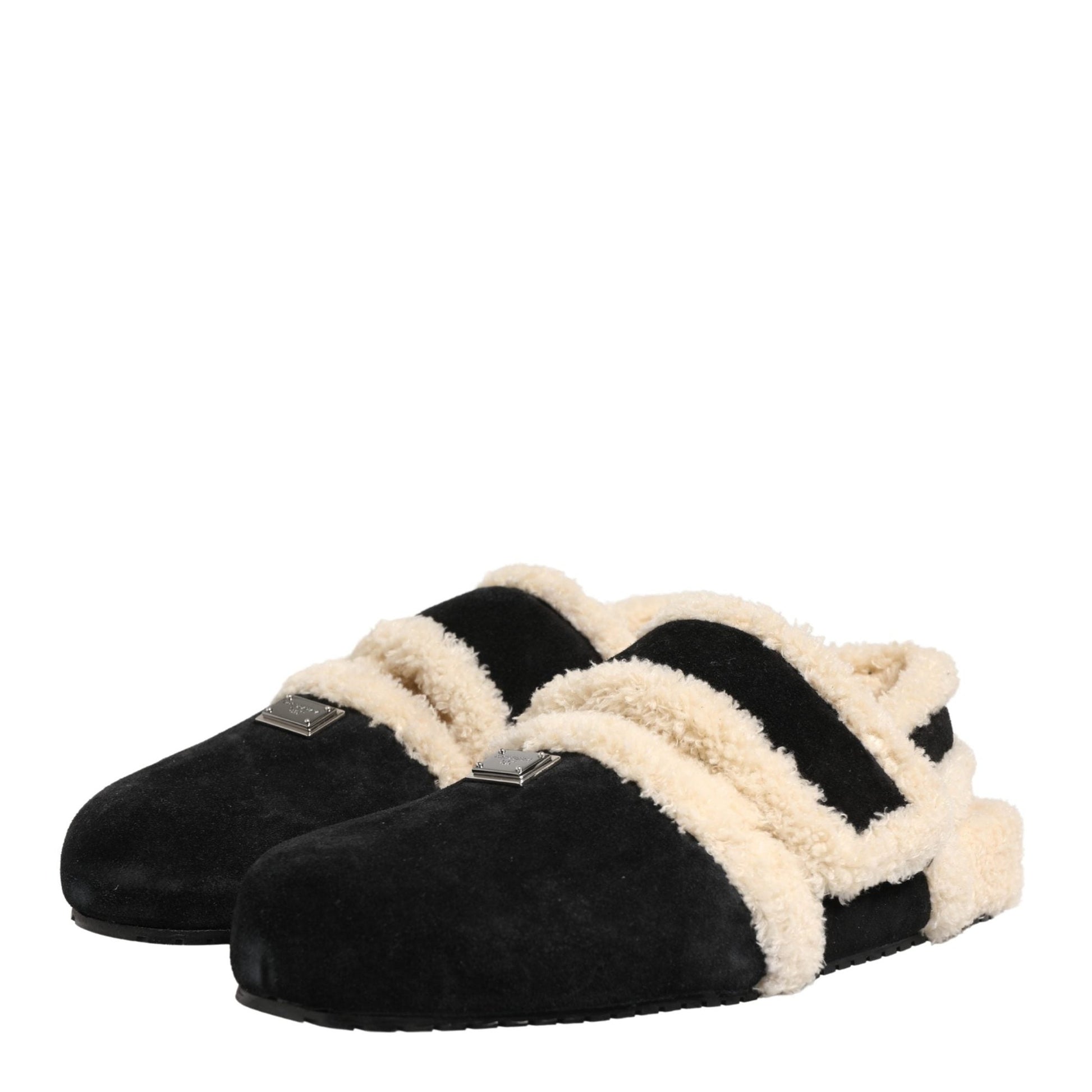 Dolce & Gabbana Beige Black Faux Fur Flats Men Sandals Shoes