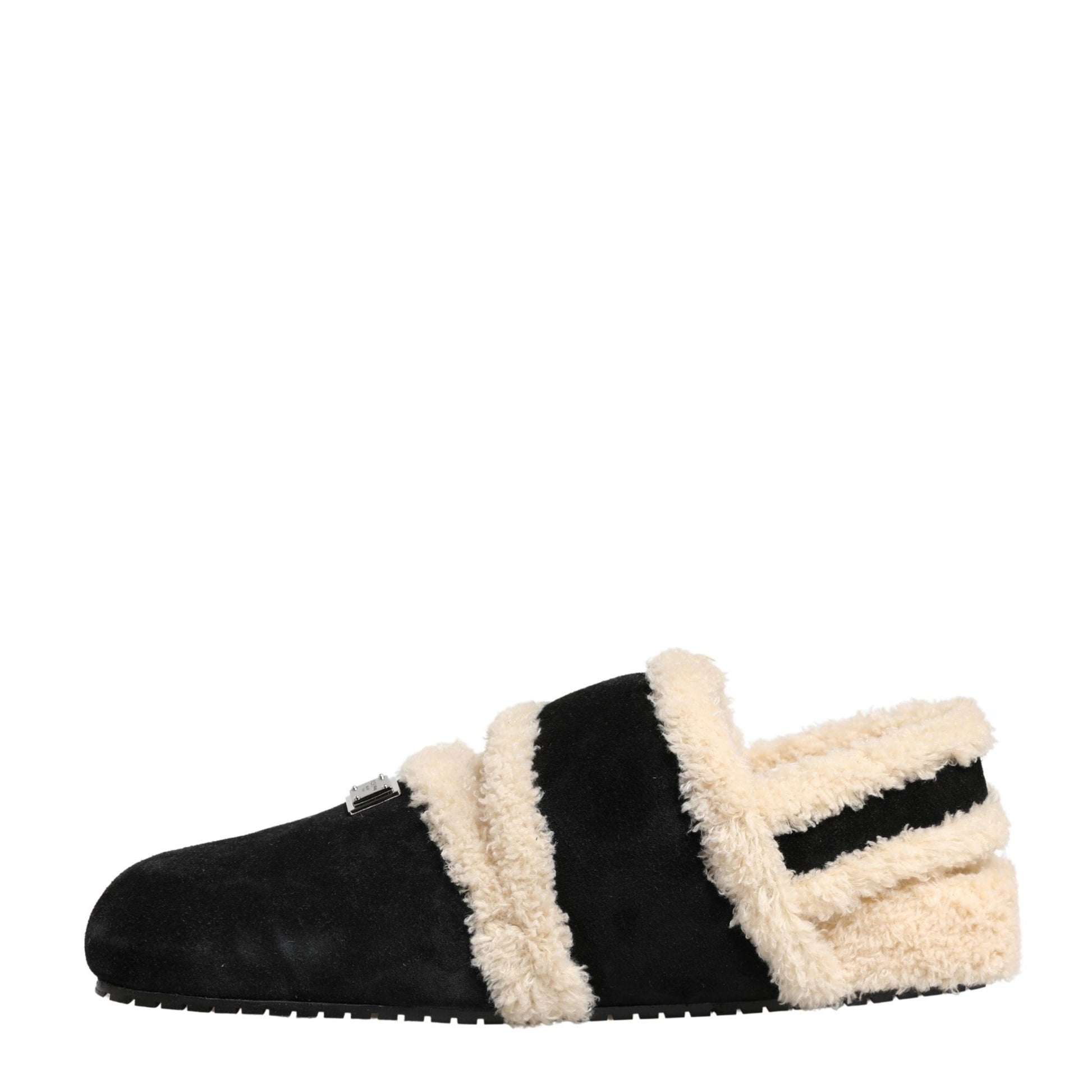 Dolce & Gabbana Beige Black Faux Fur Flats Men Sandals Shoes