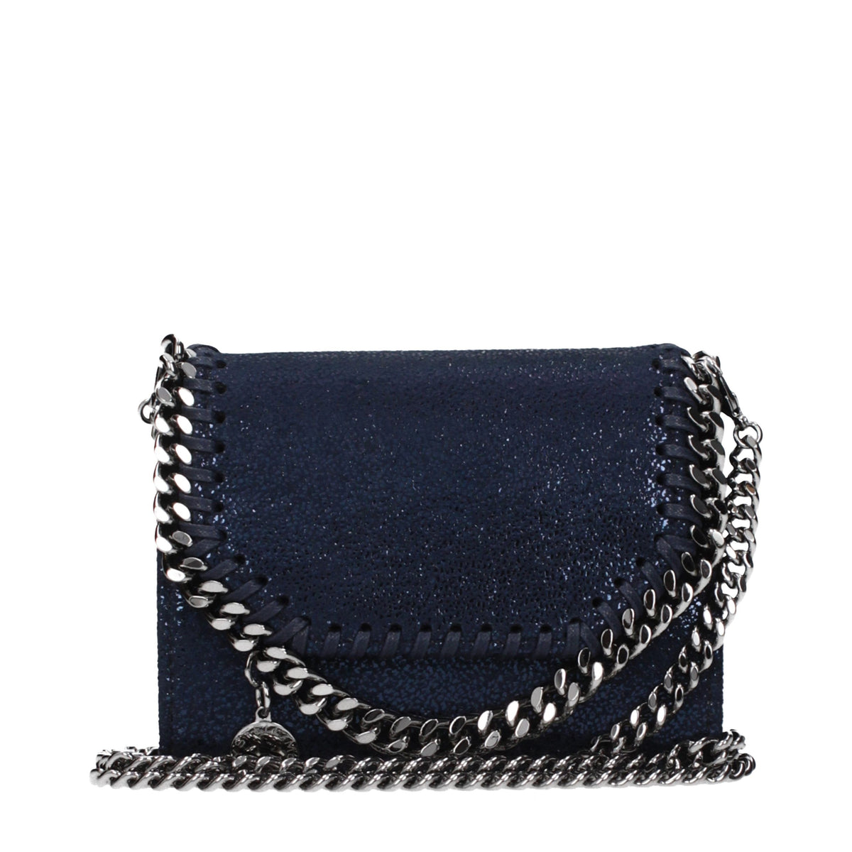 Blue leather wallet by Stella McCartney featuring sleek design and subtle branding, with visible stitching and a fold-over closure.