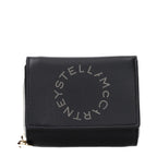 Black leather Stella McCartney wallet with sleek design, featuring multiple card slots and a minimalist style.