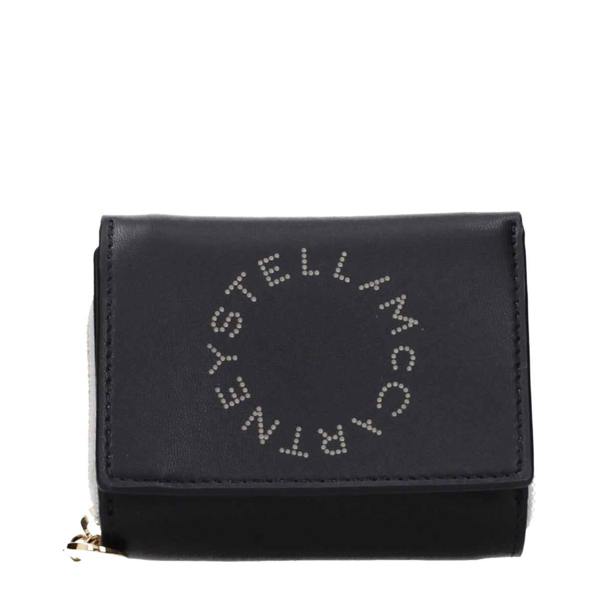 Black leather Stella McCartney wallet with sleek design, featuring multiple card slots and a minimalist style.