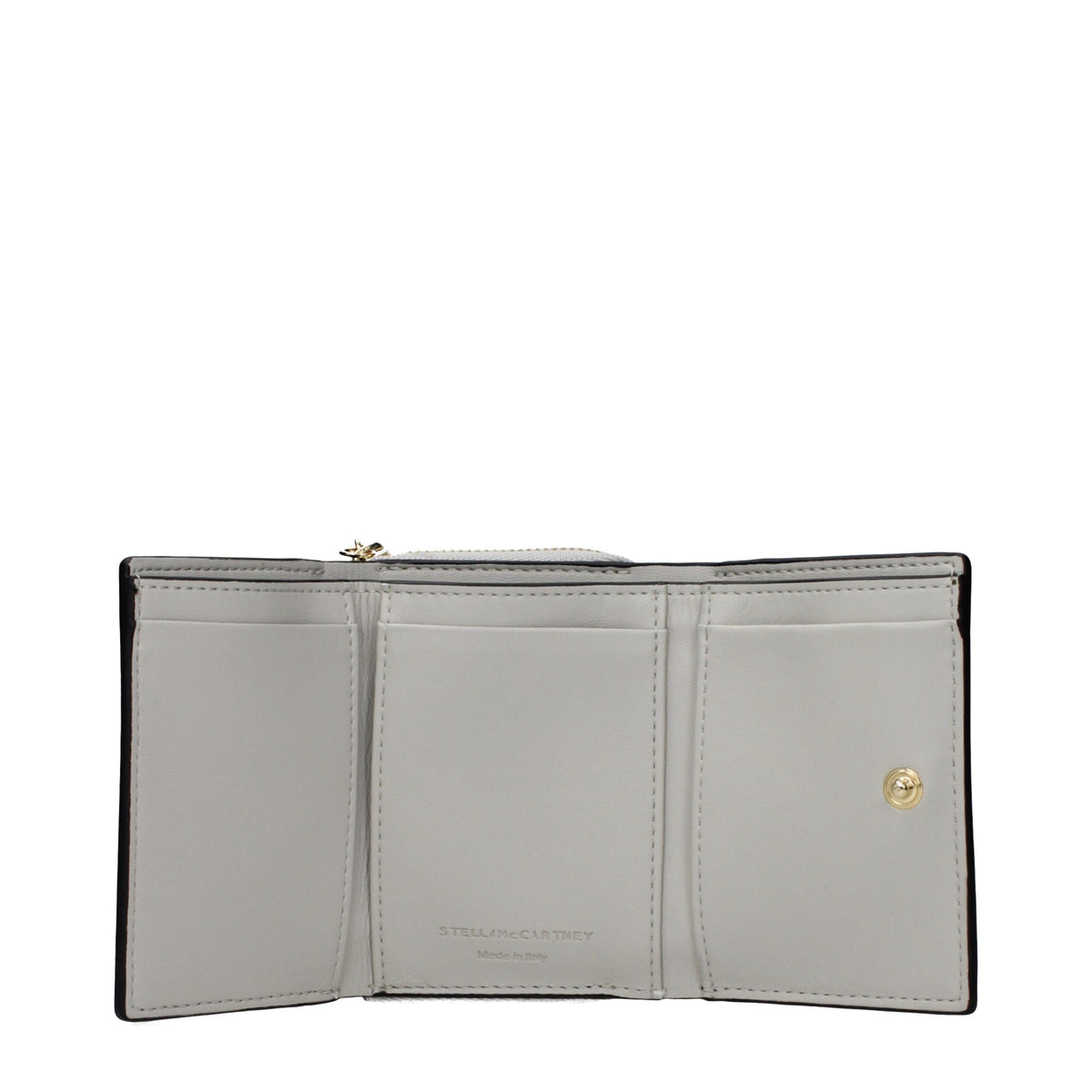 Black leather wallet by Stella McCartney featuring sleek design and subtle logo detail.